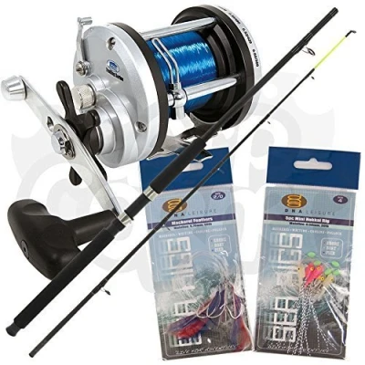 Image of Lineaeffe NGT Boat Max 6ft 2pc 25lb Fibreglass Fishing Rod JD300 Sea Multiplier Reel &amp; 2 x Packs of Feathers