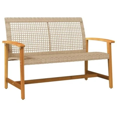 Image of vidaXL Garden Bench 112 cm Beige Poly Rattan and Acacia Outdoor Seating for Patio, Deck, UV Resistant, Weatherproof Lounge with Backrest