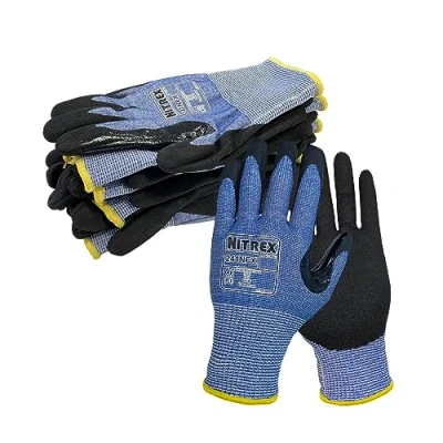Image of NITREX Unigloves 10 Pairs General Handling High Level Cut Resistant Gloves with Sandy Nitrile Palm Coating, Featuring NitreGuard Technology and NitreGrip in Black/Blue