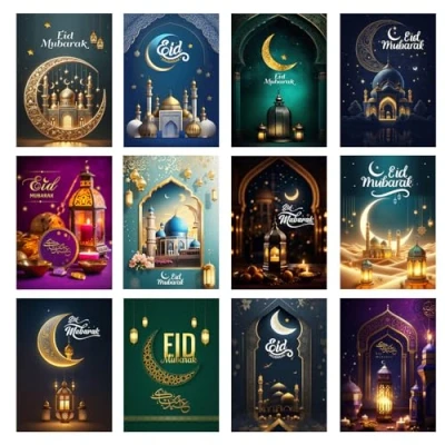 Image of Papa Prints Pack of 12 Ramadan Card (149 x 105 mm) Happy Eid with Envelopes Mubarak Cards for Kids