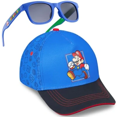 Image of Get Trend Super Mario Baseball Cap Kids Sunglasses Set Adjustable Hat 100% UV Protection Holiday Essentials Boys Gifts (3 6 Years, Blue Set)