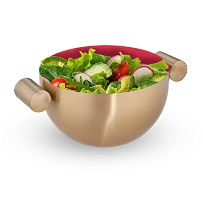 Image of Relaxdays Serving Bowl, Stainless Steel, ø 15 cm, Round, Metal, for Salad &amp; Snacks, Baking Mixing, Gold/Red