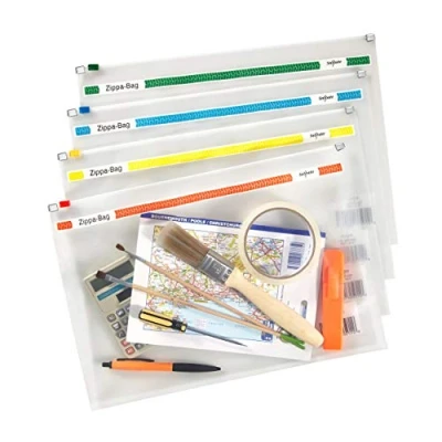 Image of Snopake A4 Plus Zippa Bag with Top Zip [Pack of 25] 355 x 235 mm Transparent/Assorted Strips [Ref: 11463]