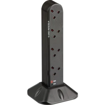 Image of KnightsBridge Surge Protected UK Extension Socket Tower Black 8 Gang
