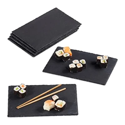 Image of Relaxdays Set of 6 Slate Plates, 26 x 16 cm, for Serving and Labelling, Buffet, Plate, Rectangular, Anthracite