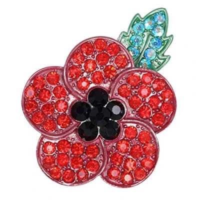 Image of FENGJI Poppy Brooches Lapel Pin Badges Rhinestone Banquet Red Flower Remembrance Day Gift Black Plated Green Leave