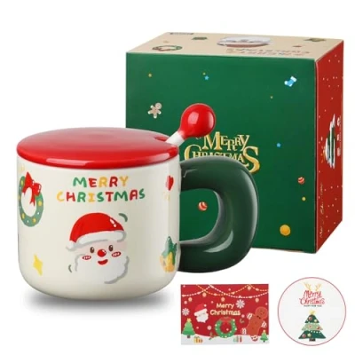 Image of DONGSHANGIFT Christmas Ceramics Mug with Lid and Spoon 12 OZ/380ml Cute Coffee Cup Mugs Gift for Women Men Kids Box