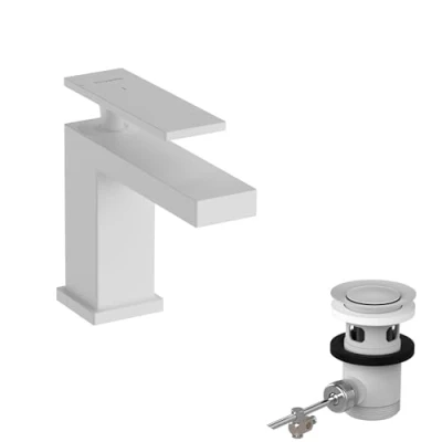 Image of hansgrohe Tecturis E bathroom tap with pop up waste set, energy saving (CoolStart), sink spout height 80 mm, basin mixer water (EcoSmart+), matt white, 73002700