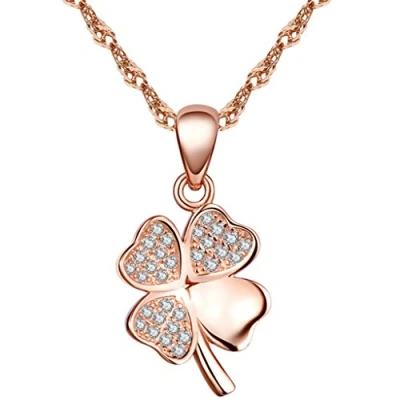 Image of Yumilok Jewelry 925 Sterling Silver Rose Gold Plated Cubic Zirconia Elegant Four leaf Clover Pendant Necklace for Women/Girls