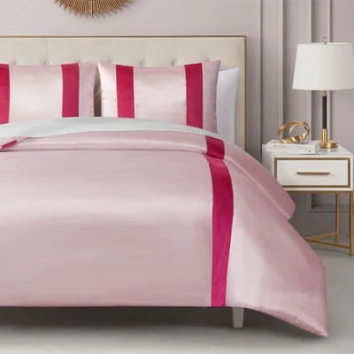 Image of Juicy Couture Velvet Stripe on Satin Pink King Duvet Cover Set 3 Piece Luxury Bedding Ensemble