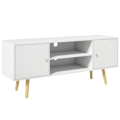 Image of HOMCOM TV Unit Cabinet for TVs up to 55 Inches, Stand with Storage Shelves and Wood Legs Living Room, White
