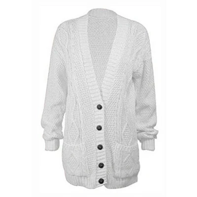 Image of WearAll Womens Cable Knitted Button Cardigan Long Sleeve Ladies Boyfriend Top White 20 22