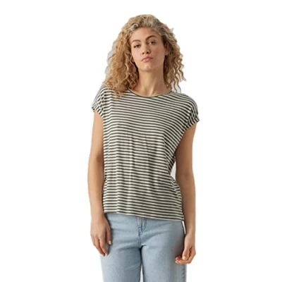 Image of VERO MODA Women&#039;s VMAVA Plain SS TOP Stripe GA JRS NOOS T Shirt, Laurel Wreath/Stripes:Pristine, S