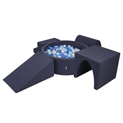 Image of KiddyMoon Foam Playground For Kids With Round Ballpit (200 Balls ∅ 7Cm/2.75In) Soft Obstacles Course And Ball Pool, Made In EU, Darkblue:Babyblue/Blue/Pearl