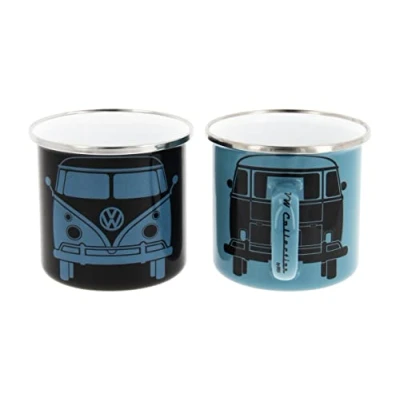 Image of BRISA VW Collection Volkswagen 2 Piece Enamel Coffee Tea Mug Cup Set for Camping &amp; Outdoor T1 Bus (Black/Blue)
