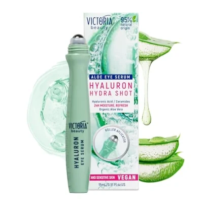 Image of Victoria Beauty Eye Serum Roller with Niacinamide, Hyaluronic Acid, Polyglutamic Acid and Aloe for Dark Circles, Puffy Eyes, Bags Wrinkles 95% Natural, 15ml