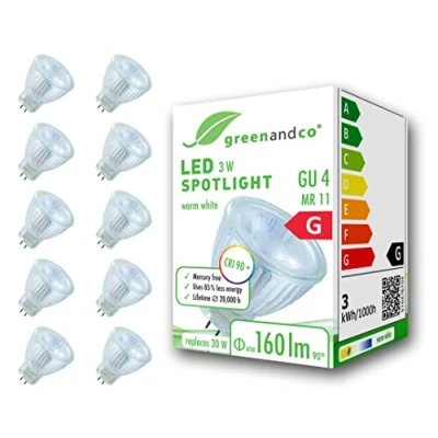 Image of greenandco® CRI 90+ LED spot Replaces 20 Watt GU4 MR11 Halogen Spotlight, 3W 160 Lumen 3000K Warm White 38 12V AC/DC, no Flicker, not dimmable, 10 Pack