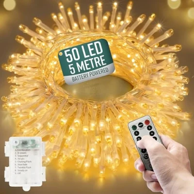 Image of GloBrite Garden Fairy Lights Battery Operated 50 LED String with Remote 8 Lighting Modes Indoor &amp; Outdoor Bedroom Aesthetic (Warm White LED)