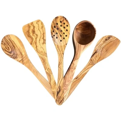 Image of Olive Wood Cooking Utensils Set, Handcrafted Spoons Set of 5, Non Stick, Comfortable Grip Wooden Includes (Spoon, Spatula, Slotted Spoon, Ladle &amp; Corner Spoon)