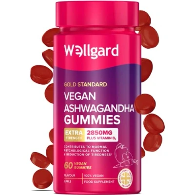 Image of Wellgard Vegan Ashwagandha Gummies High Strength with Vitamin B6, Highly Bioavailable, 60 Gummies, UK Formulated
