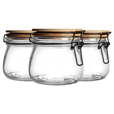 Image of Argon Tableware Glass Storage Jar with Airtight Wooden Clip Lid 500ml 6 Pack 4 Colour Seals Kitchen Container Round Preserving for Pickling, Chutney, Jam, Coffee, Oats