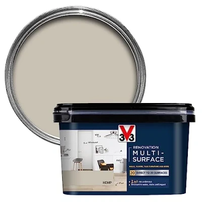 Image of V33 Renovation Multi Surface Paint Hemp 2L Direct to 20 Surfaces Including Wood, Tiles &amp; Metal Resistance Water, Stains Impact High Coverage Washable Easy Maintenance