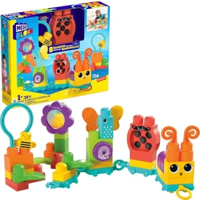 Image of MEGA BLOKS Fisher Price Sensory Building Blocks Toy, Move n Groove Caterpillar Train with 30 Pieces and Pull String, Toddlers Age 1+ Years, HKN44