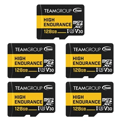 Image of TEAMGROUP HIGH Endurance 128GB 5 Pack Micro SDXC UHS I U3 V30 100MB/s Designed for Monitoring Stable Durable Long Lasting Flash Memory Card Security Camera 4K&amp;Full HD Video Recording THUSDX128GIV3068