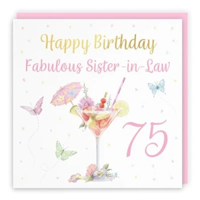 Image of Hunts England 75th Sister in Law Pink Cocktail And Butterflies Birthday Card Luxury Gold Foil Milo&#039;s Gallery Age 75 Drinks, Flowers, Hearts For Seventy Five