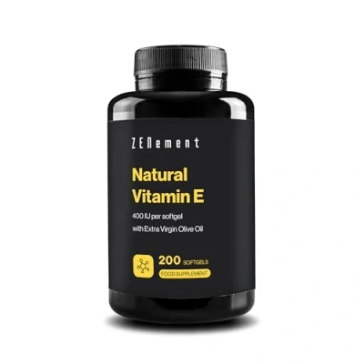 Image of Natural Vitamin E 400 IU, (D Alpha Tocopherol), 200 Softgels with Organic Extra Virgin Olive Oil Antioxidant and Anti Aging Zenement