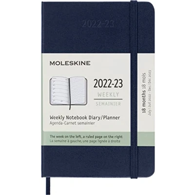 Image of Moleskine 18 Month Weekly Planner/Diary, Planner 2022/2023, Notebook with Hard Cover and Elastic Closure, Size Pocket 9 x 14 cm, Colour Sapphire Blue