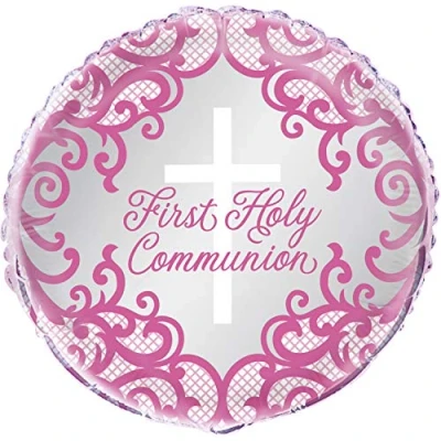 Image of Fancy Pink Cross First Holy Communion Foil Balloon (45cm) Ideal for Decor Confirmations, Religious Gatherings &amp; Special Occasions 1 Pc