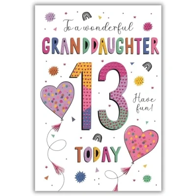 Image of Granddaughter 13th Birthday Card Age 13 Heart Balloons and Rainbows Design Special Finishes Illustrated Insert Leaf Made in the UK Eco Friendly