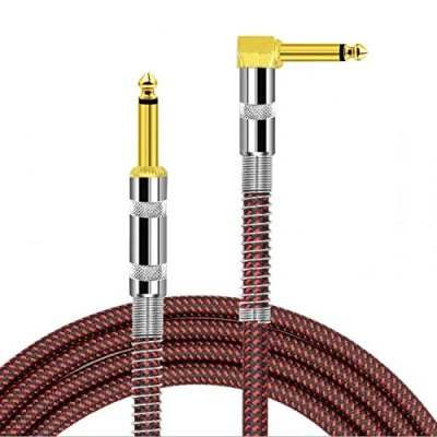 Image of BIGGZ Professional Guitar Lead 3M/10ft, 6.35mm 1/4&quot; Right Angled Nylon Braided Gold Plated Instrument Cable for Electric Guitar, Bass, Amp, Keyboard, Mandolin, Mixing Desks STR/ANG (RED)