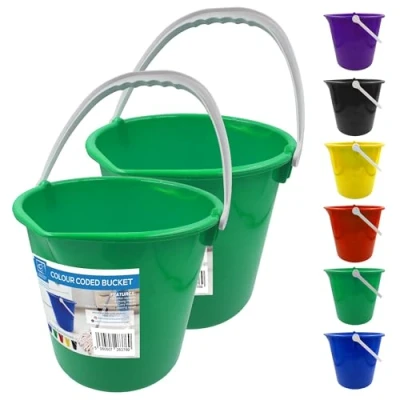 Image of Colour Coded Plastic Bucket with Handle, 2 Gallon (7.5L) Household Heavy Duty Spout and Easy Grip Multipurpose Water for Cleaning, Bath, Gardening (Green Pack of 2)