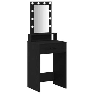 Image of vidaXL Vanity Table Set Black Oak Finish, Modern Bedroom Dressing 10 LED Lights, Mirror &amp; Storage, 140 cm Height, Assembly Required