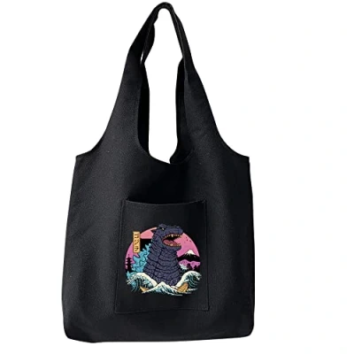 Image of FINDING CASE Reusable Heavy Duty Shopping Medium Tote Bag 100% Cotton Canvas with Strong Matching Handles,Shopping Bags Large Capacity Inner Pocket (Japan Godzilla)