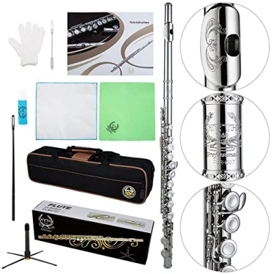 Image of Rhythm C Flutes with Engraved Flower Closed Hole 16 Keys Flute For Student, Beginner Stand, Carrying Case,Cleaning Kit, Gloves, Tuning Rod, Nickel