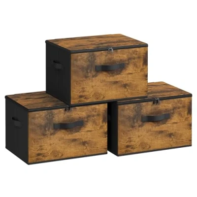 Image of SONGMICS Foldable Storage Organiser Boxes, Set of 3 Basket Bins with Lids, Handles, Clothes Organiser, 40 x 30 25 cm, Non Woven Fabric, Rustic Brown RYZ103B01