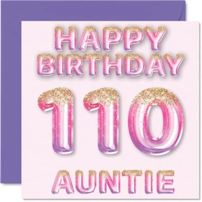 Image of 110th Birthday Card for Auntie Pink &amp; Purple Glitter Balloons Happy Cards 110 Year Old Aunt Aunty from Nephew Niece, 145mm x Bday Greeting Gift