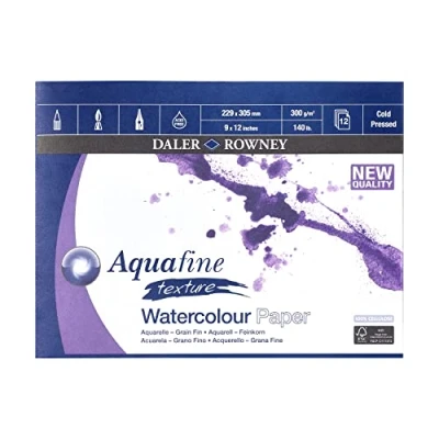 Image of Daler Rowney Aquafine Textured Cold Pressed Watercolour &amp; Gouache 300gsm 12 x 9in Paper Pad, Natural White, Glued 1 Side, Sheets, Ideal for Professional Beginner Artists Students, Acid Free