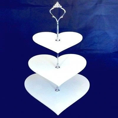 Image of Three Tier White Heart Cake Stands Standard &amp; Silver Handle