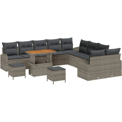 Image of vidaXL 13 Piece Garden Sofa Set with Cushions Grey Poly Rattan Acacia