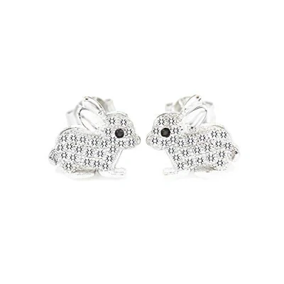 Image of MixiuEuro Elegant Simple Classic Girls Bunny Stud Earrings 925 Sterling Silver Cubic Zirconia Rabbit Heart Love Jewellery Gift For Child