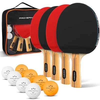Image of PRO SPIN Table Tennis Bats 4 Player Set High Performance and Balls, Compact Storage Case Perfect for any Outdoor/Indoor 3 Star Ping Pong Balls
