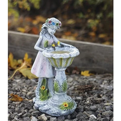 Image of Garden Mile Fairy Angel Ornaments Bird Bath Solar Powered Lighting Stone Effect Resin Girl Figurine Light up Statue Outdoor Indoor Patio Pond