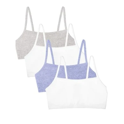 Image of Fruit of the Loom Women&#039;s Spaghetti Strap Cotton Sports Bra, Heather Grey/White/White/Blue 4 Pack, 32 (Pack 4)