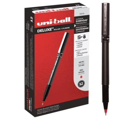 Image of uni ball Deluxe Rollerball Pens, Micro Point (0.5mm), Red, 12 Count