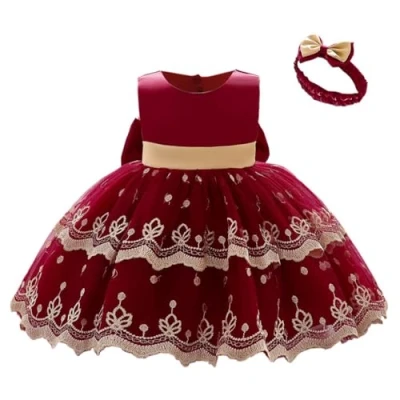 Image of Lito Angels Wedding Bridesmaid Flower Girl Fancy Dress Christmas Party Outfit Ball Gown with Headband Baby Girls Age 6 12 Months, Burgundy Red (Tag Number 70)