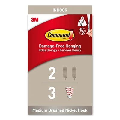Image of Command Decorative Hook, Brushed Nickel, Indoor use 2 Metal Medium Hooks and 3 Adhesive Strips Hang Jackets, Purses, Handbags, Backpacks, Hats, Scarves, Dog leads Organise Damage Free